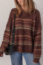 Brown ethnic pattern mohair knitted drop shoulder sweater with relaxed fit