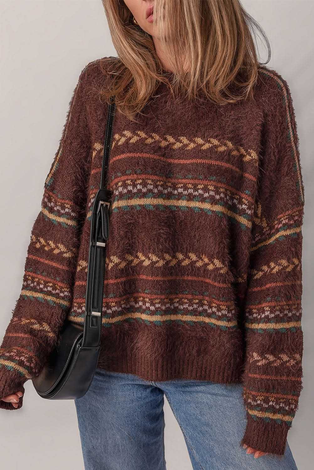 Brown ethnic pattern mohair knitted drop shoulder sweater with relaxed fit