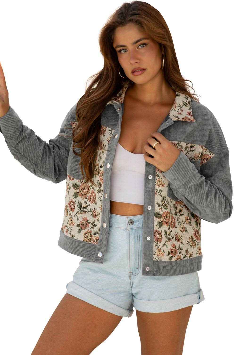 Clay Ribbed Retro Floral Patchwork Shirt Style Jacket