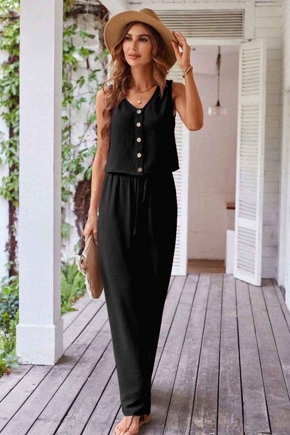 Black Buttoned Vest Drawstring Wide Leg Pants 2pcs Set