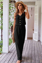 Black Buttoned Vest Drawstring Wide Leg Pants 2pcs Set