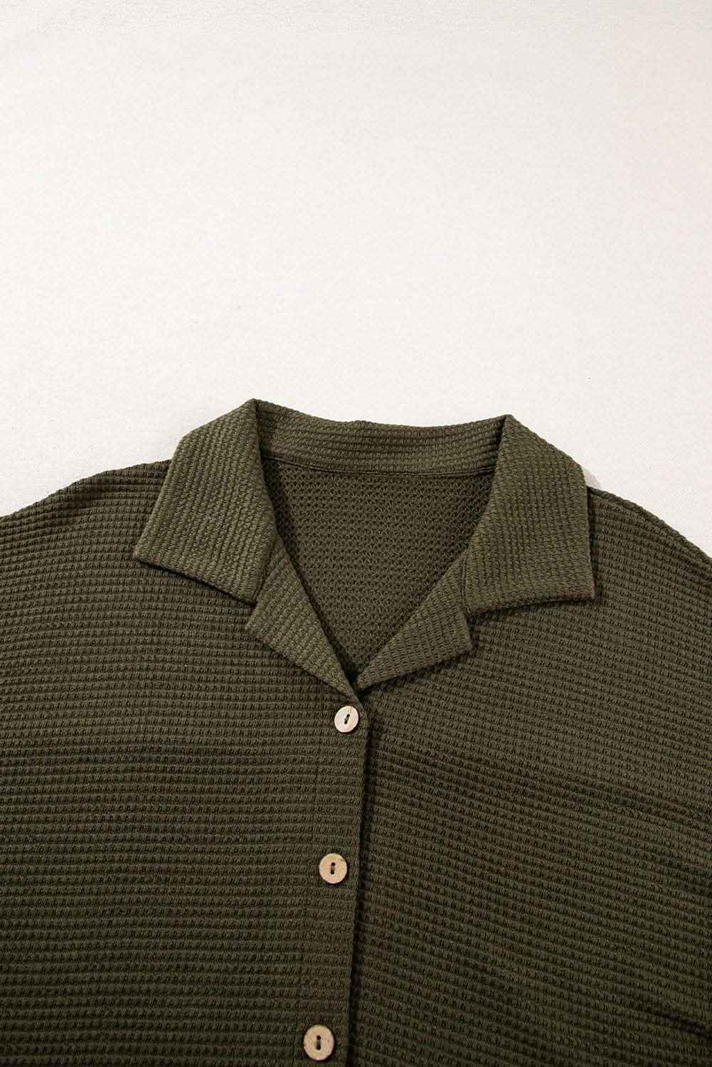 Four Leaf Clover Solid Color Textured Buttoned Shirt and Casual Pants Set