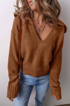 Chestnut Collared V Neck Ribbed Edge Sexy Elegant Sweater