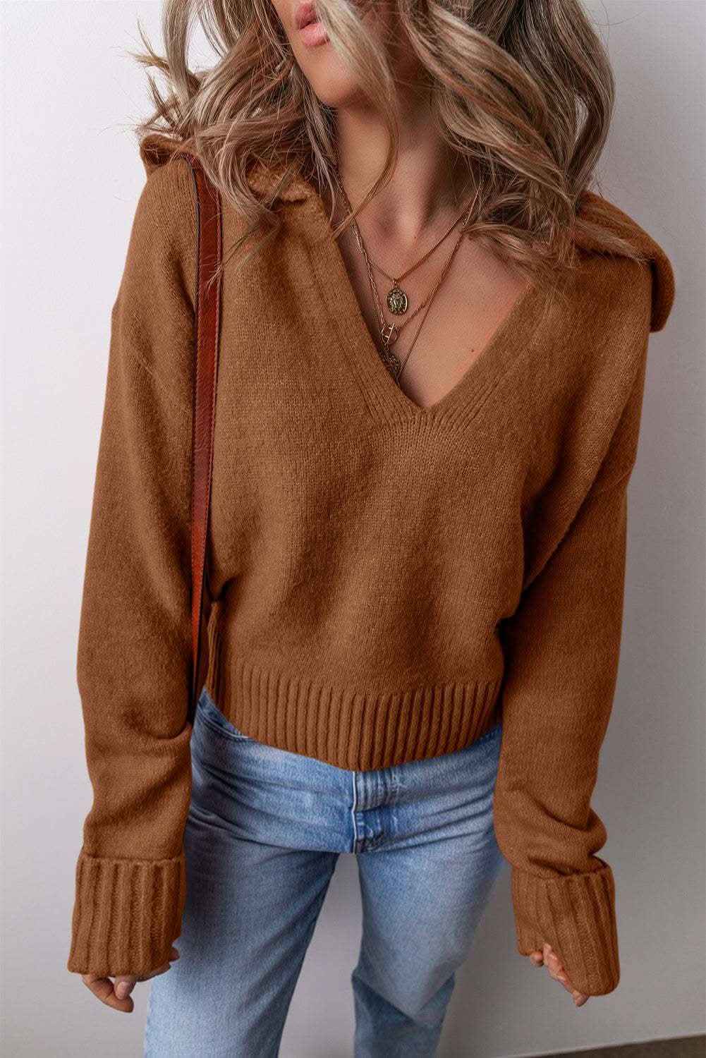 Chestnut Collared V Neck Ribbed Edge Sexy Elegant Sweater