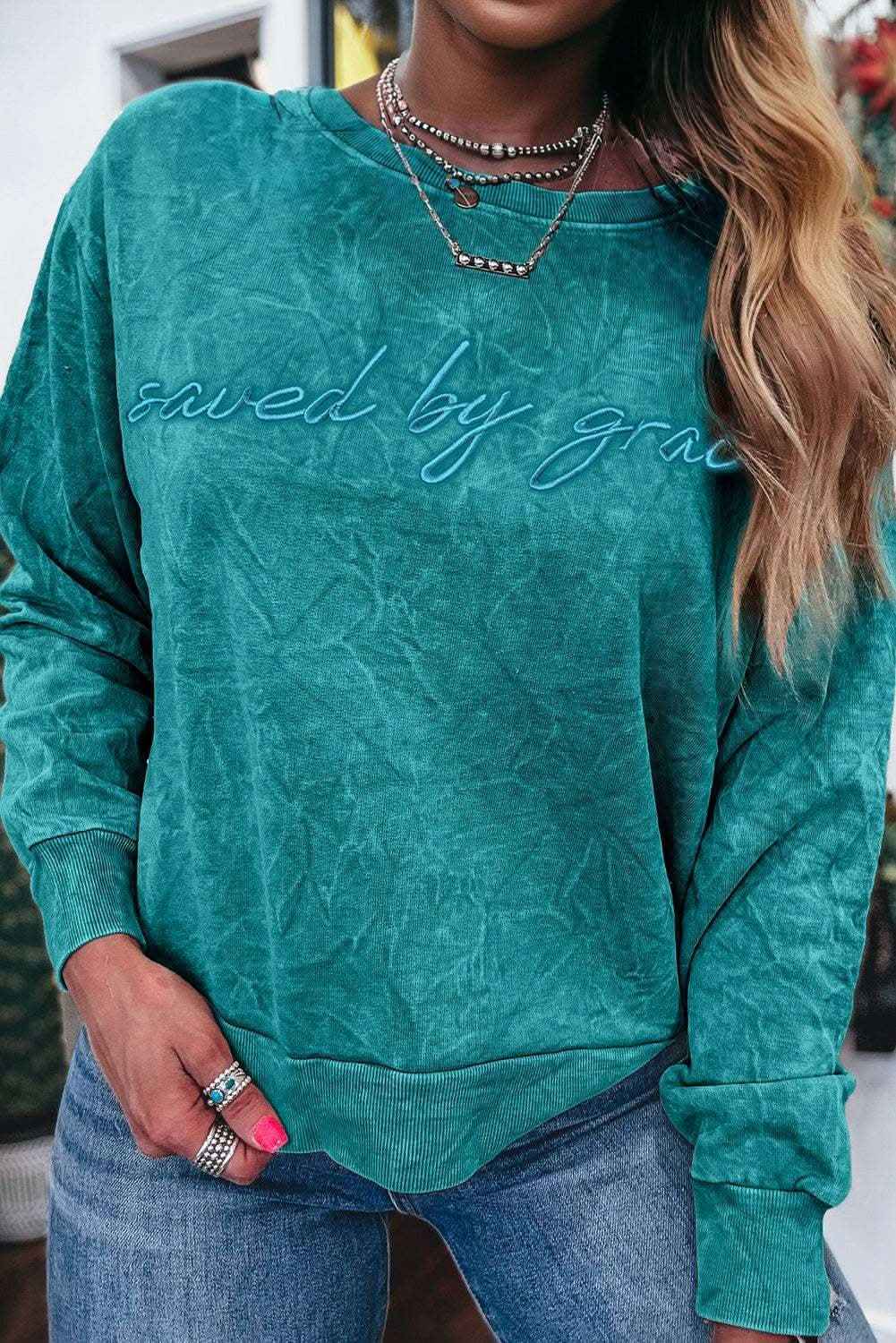 Sea Green saved by grace Letter Embroidery Mineral Wash Loose Sweatshirt