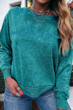 Sea Green saved by grace Letter Embroidery Mineral Wash Loose Sweatshirt
