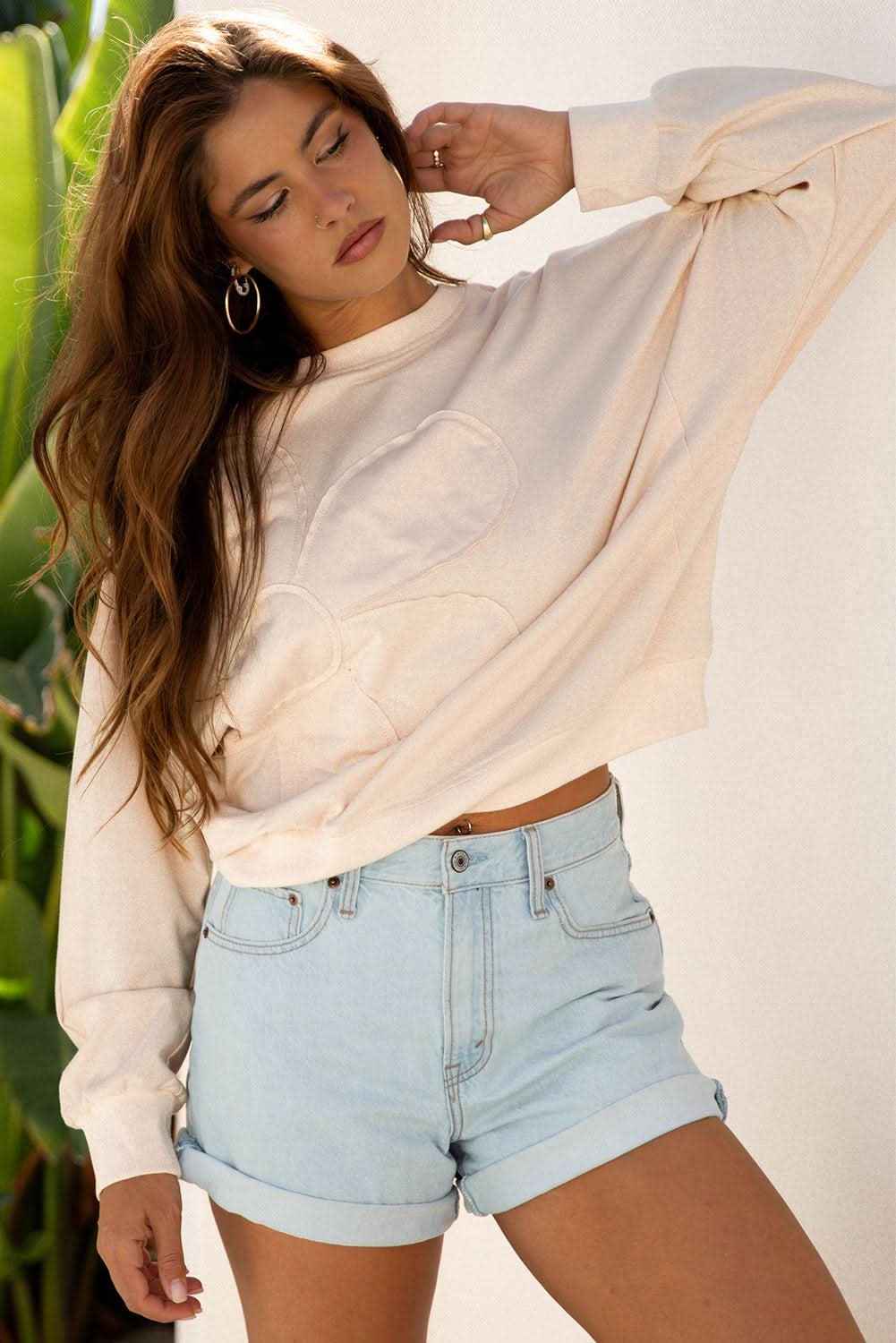 Coffee Raw Edge Flower Patch Drop Shoulder Casual Top