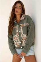 Clay Ribbed Retro Floral Patchwork Shirt Style Jacket