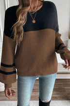 Dark Brown Color Block Knit Striped Sleeve Detail Casual Sweater
