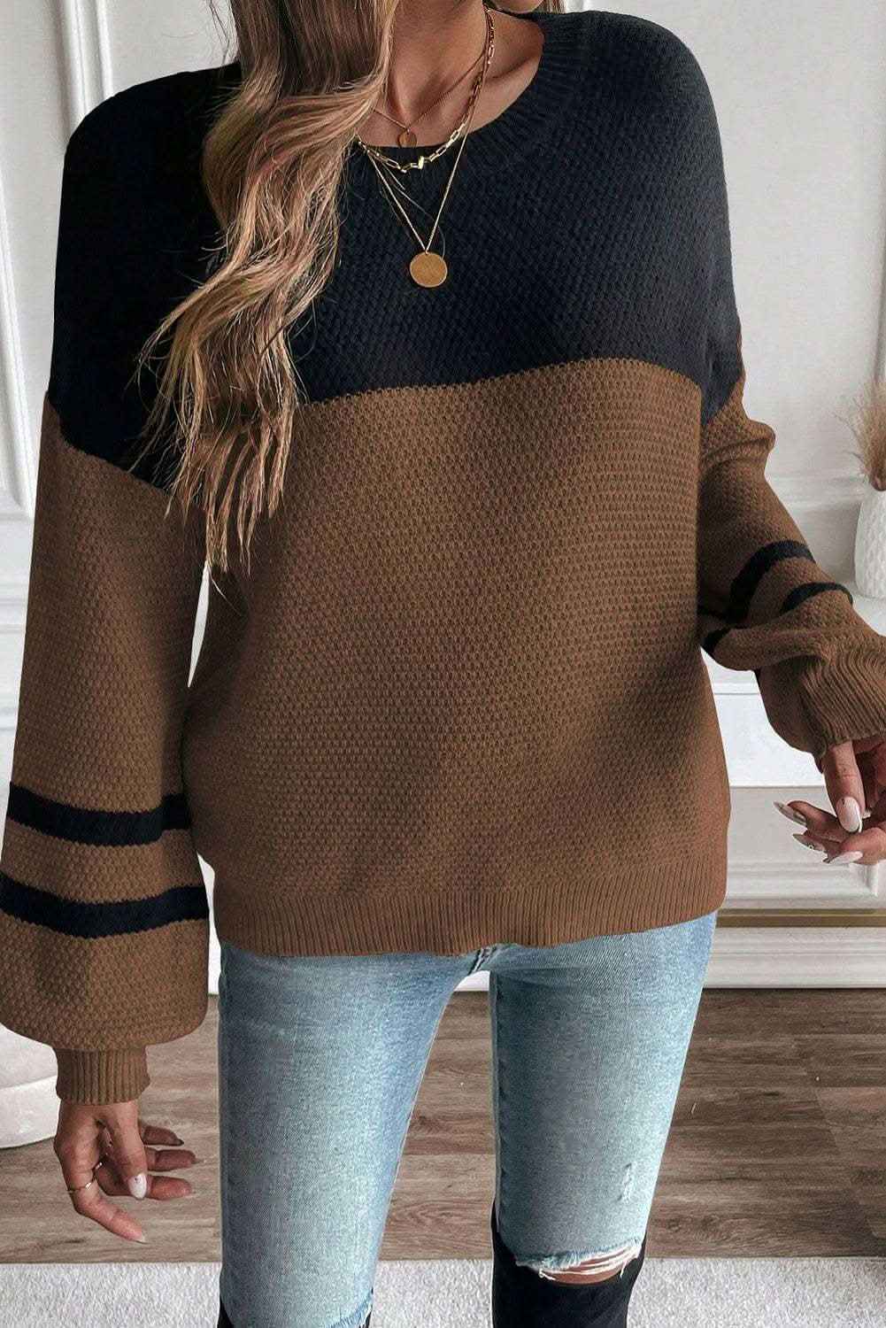 Dark Brown Color Block Knit Striped Sleeve Detail Casual Sweater