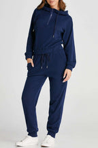 Navy blue ribbed knit cropped hoodie and drawstring joggers set for women