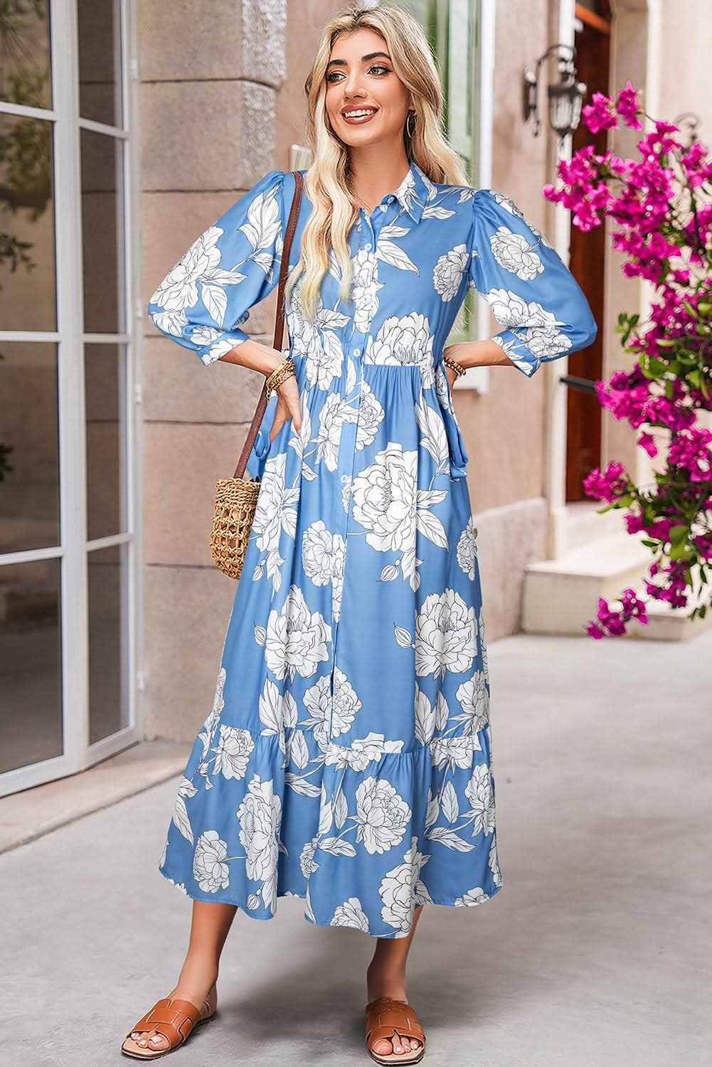 Sky Blue Floral Print Shirt Collar Button Down 3/4 Sleeve Ruffle Hem Long Dress