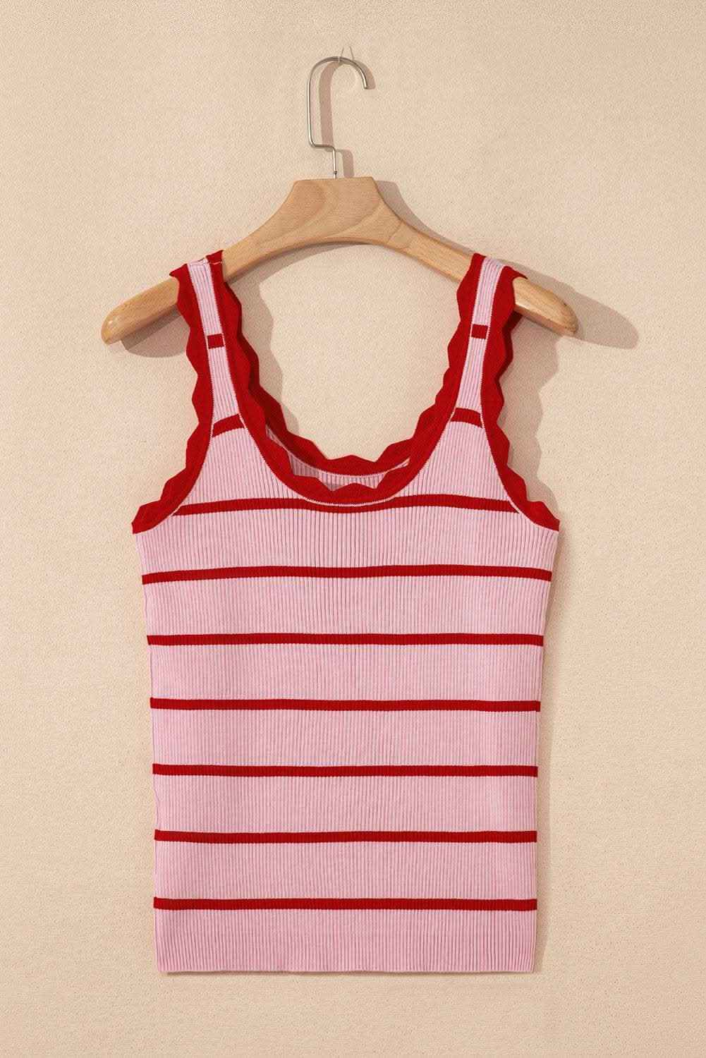 Black Striped Scalloped Edge U Neck Sleeveless Sweater Vest