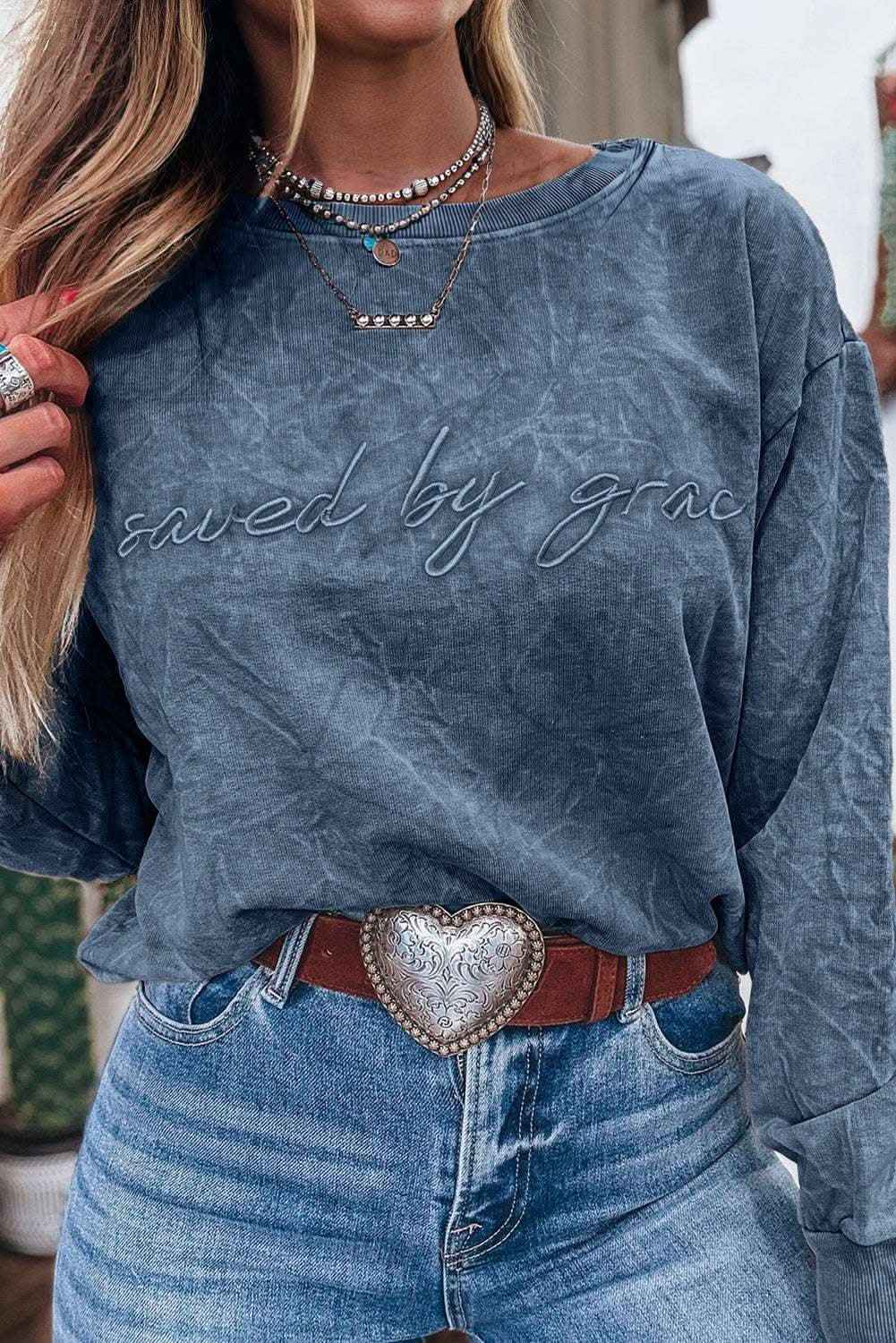 Sea Green saved by grace Letter Embroidery Mineral Wash Loose Sweatshirt
