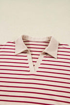 Red Stripe Cropped Collared Drop Shoulder Pullover and Bubble Mini Skirt Set