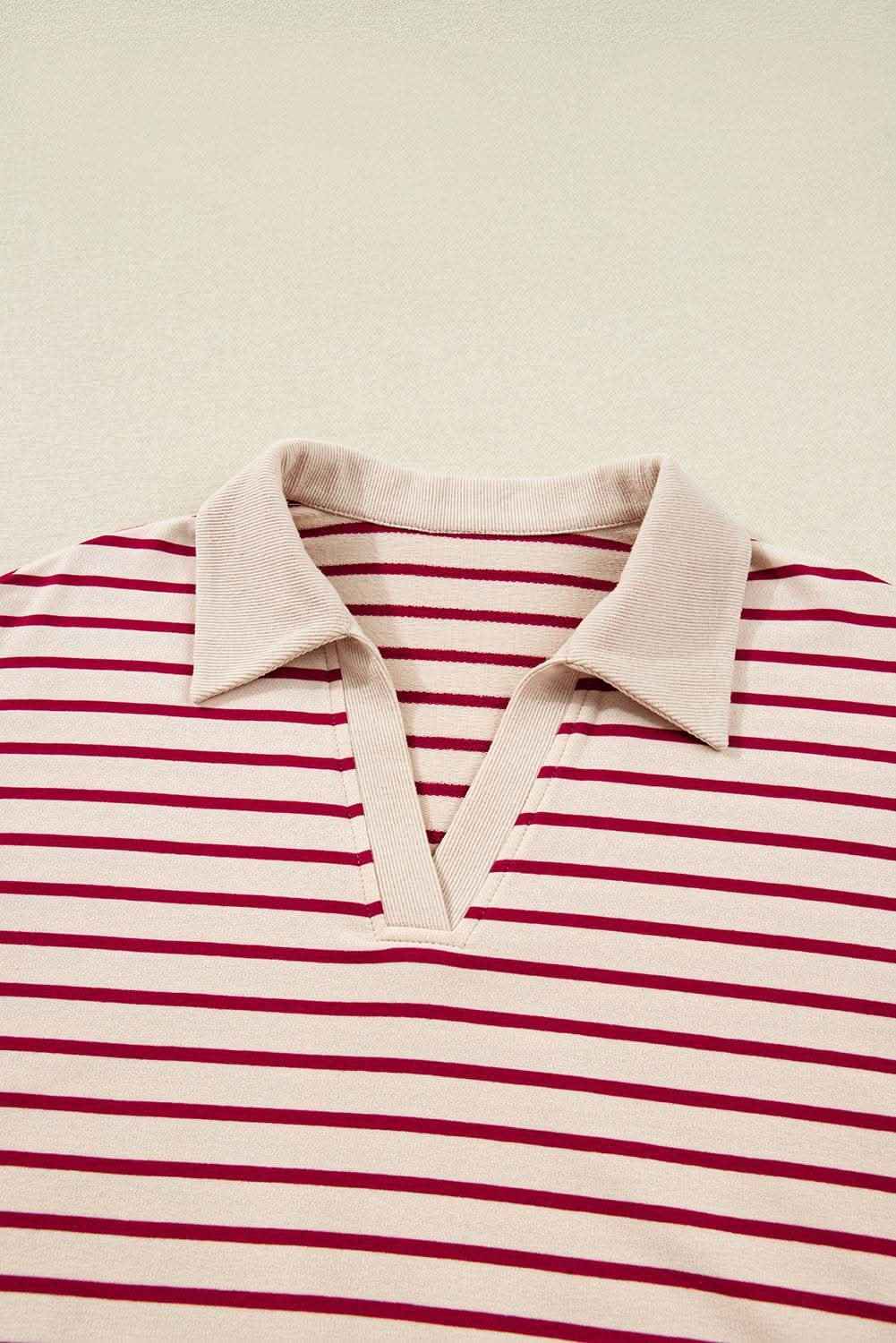 Red Stripe Cropped Collared Drop Shoulder Pullover and Bubble Mini Skirt Set