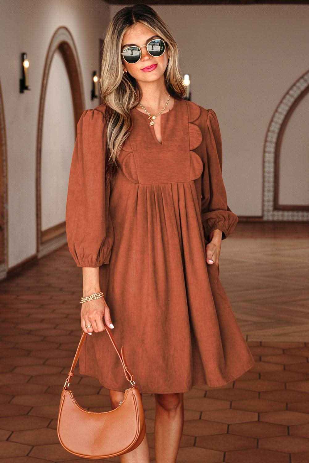 Cinnamon Bracelet Sleeve Split Neck Scallop Detail Pleated Corduroy Mini Dress