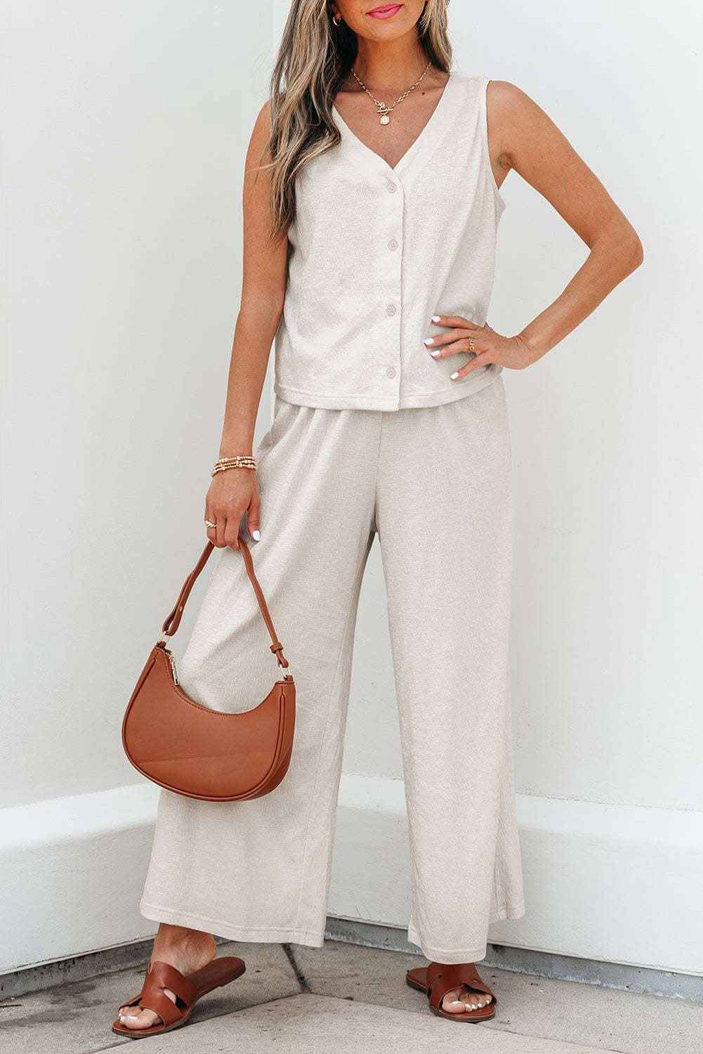 Apricot Buttoned V Neck Tank Top and Wide Leg Pants Casual Outfit