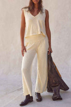 Beige Solid Color Tank Top and Smocked Waist Pants Set