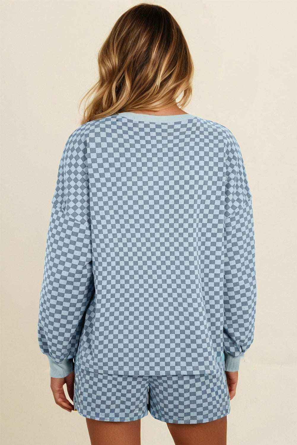 Sky Blue Checkerboard Long Sleeve Pullover and Shorts Set