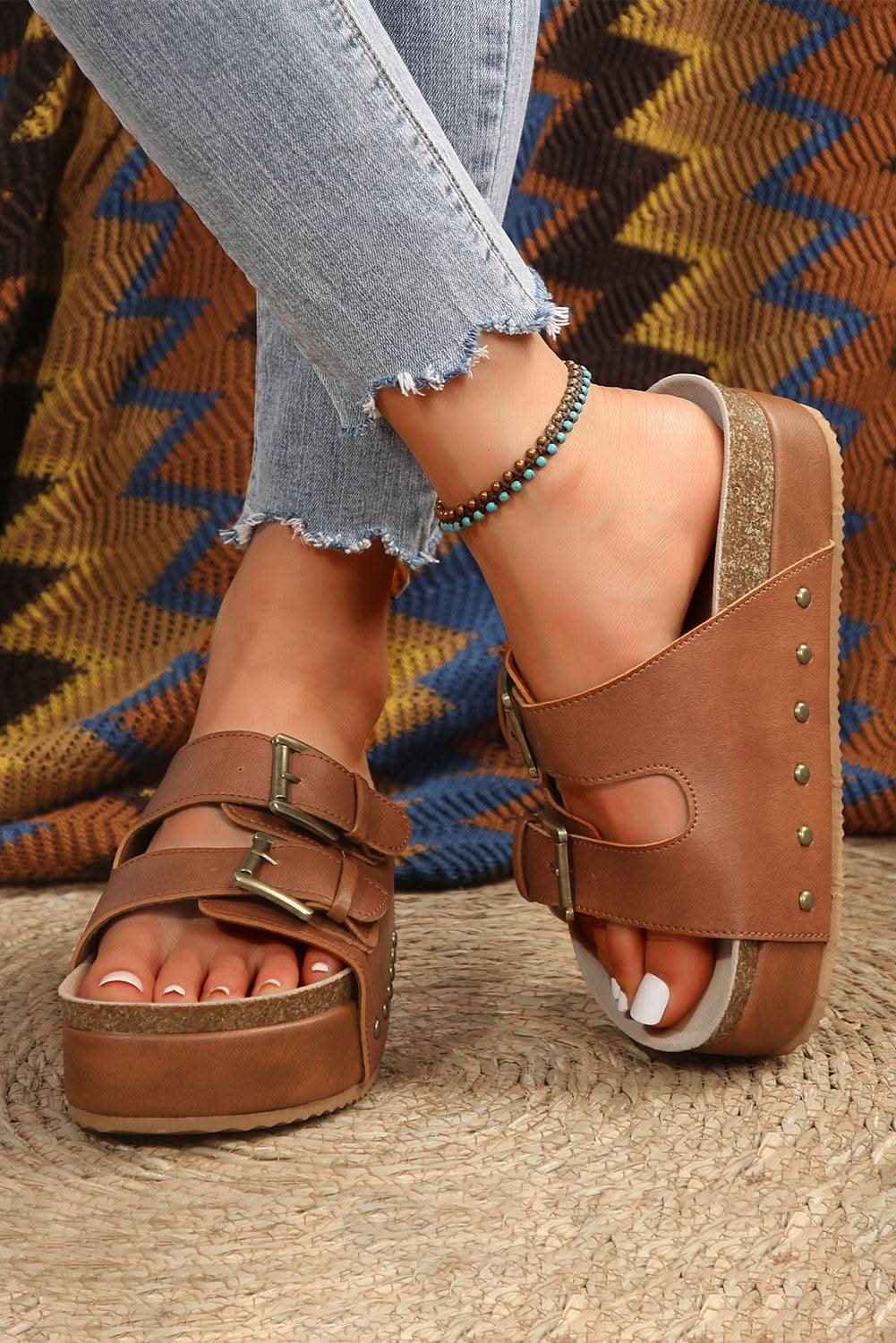 Black Dual Buckle Studded Platform Sandal Slippers