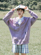 Elegant knit zip jacket in pink cotton with long sleeves and loose fit