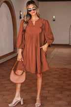 Cinnamon Bracelet Sleeve Split Neck Scallop Detail Pleated Corduroy Mini Dress