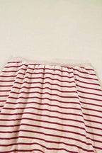 Red Stripe Cropped Collared Drop Shoulder Pullover and Bubble Mini Skirt Set