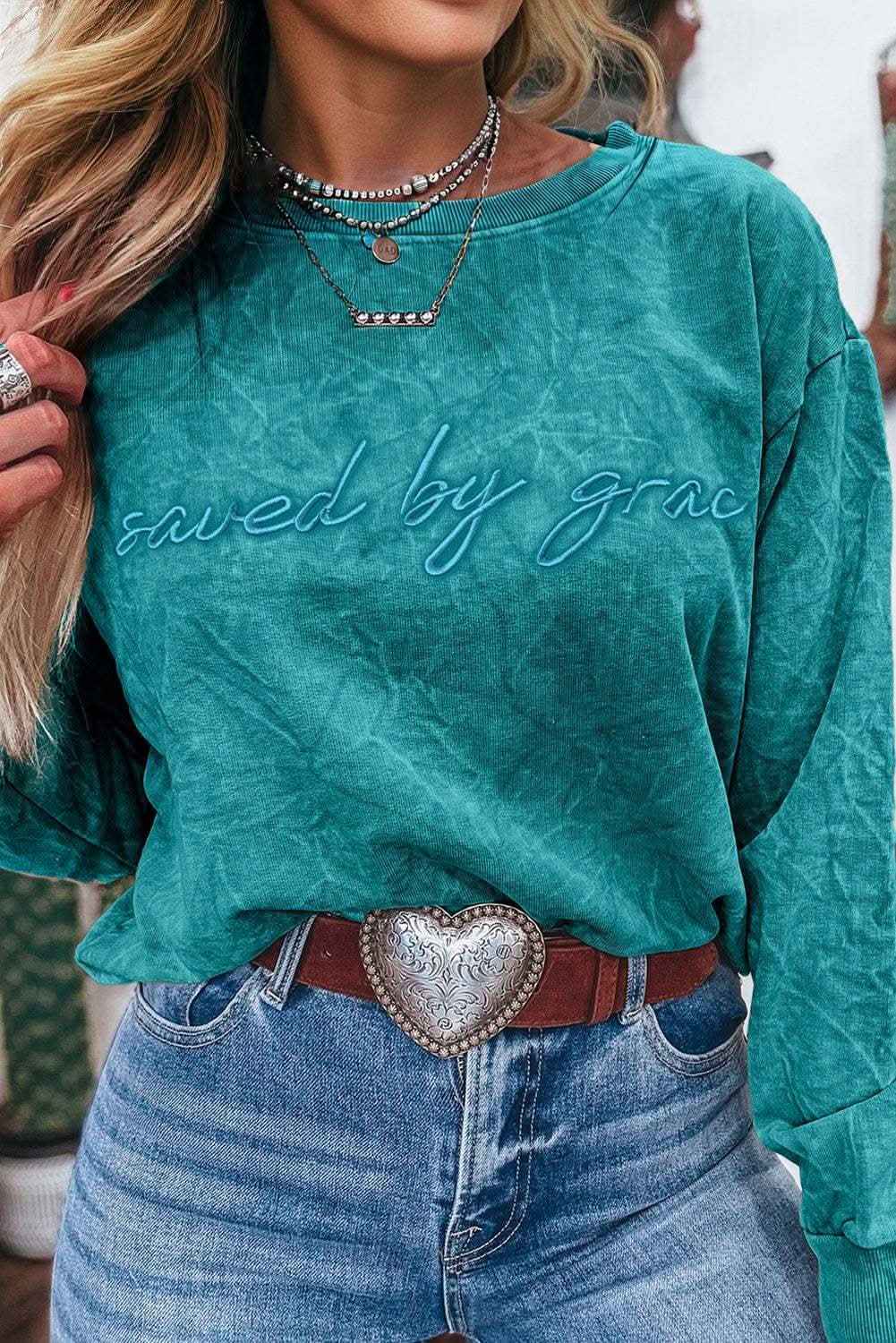Sea Green saved by grace Letter Embroidery Mineral Wash Loose Sweatshirt