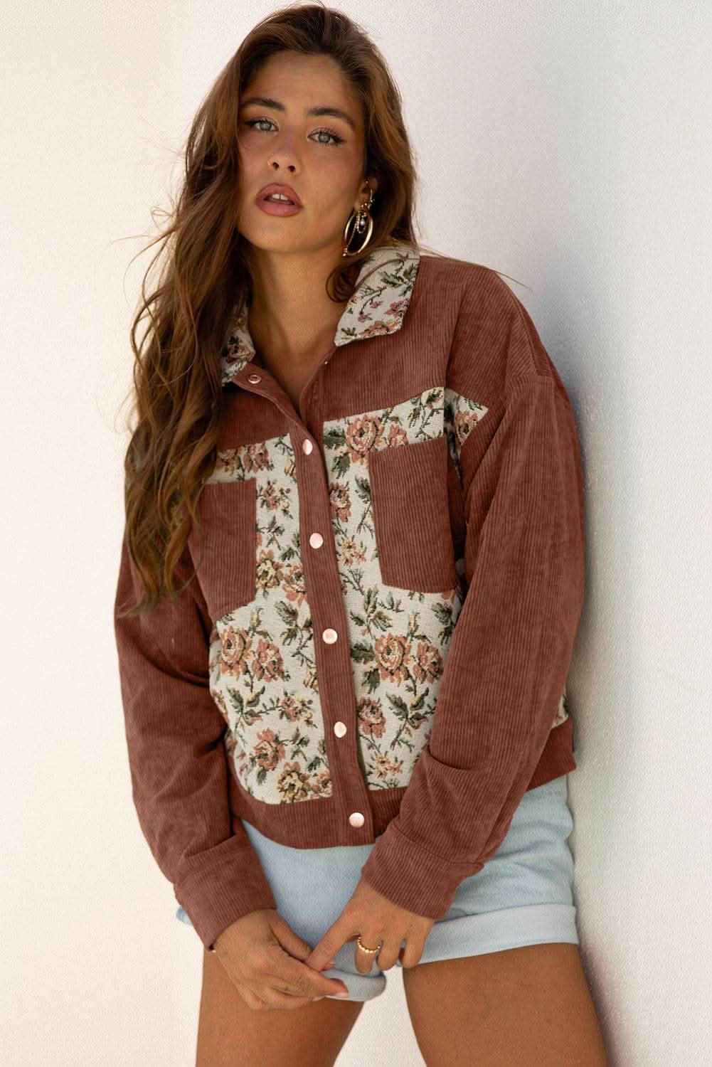 Clay Ribbed Retro Floral Patchwork Shirt Style Jacket