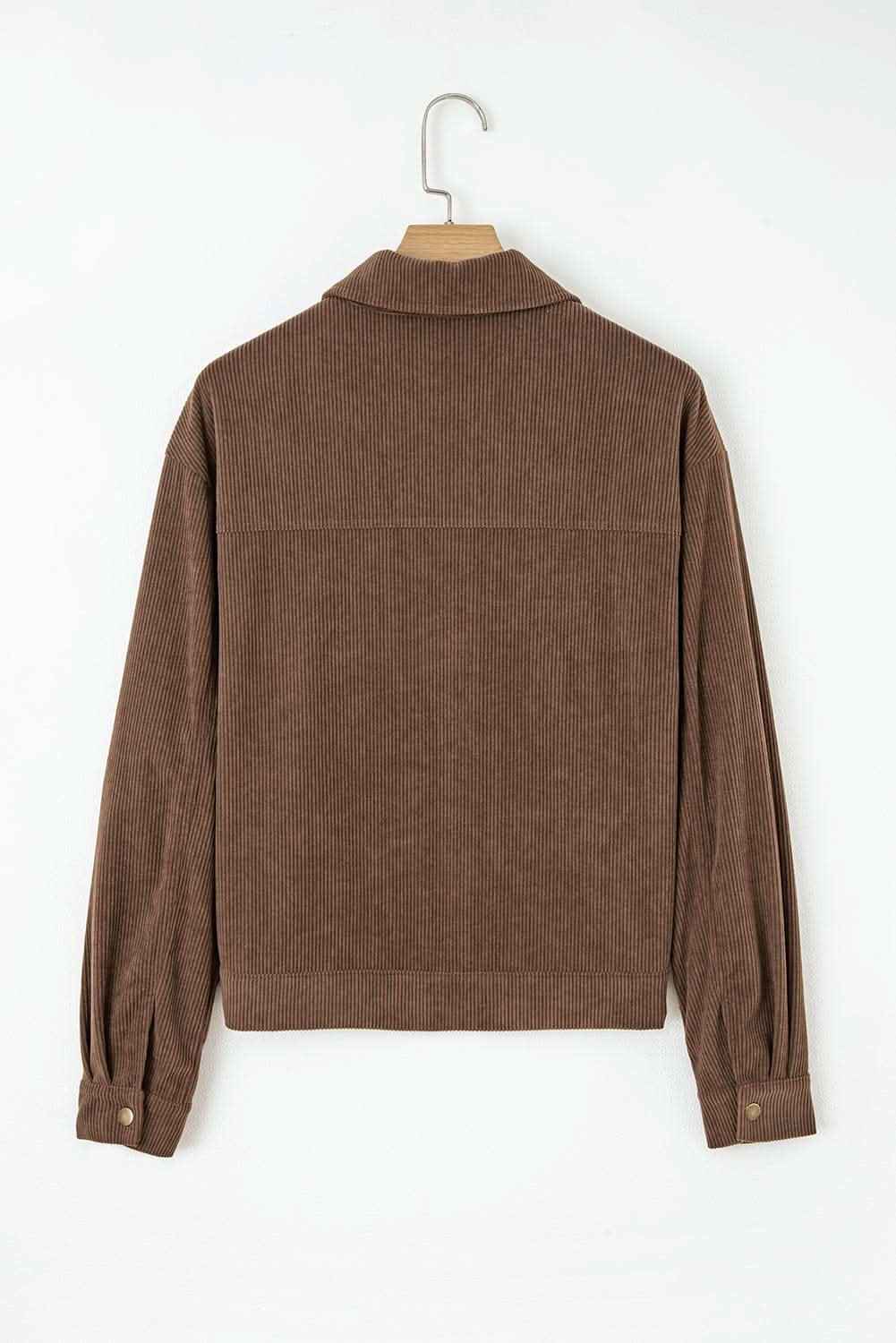 Dark Khaki Button Zip Up Lapel Collar Corduroy Jacket