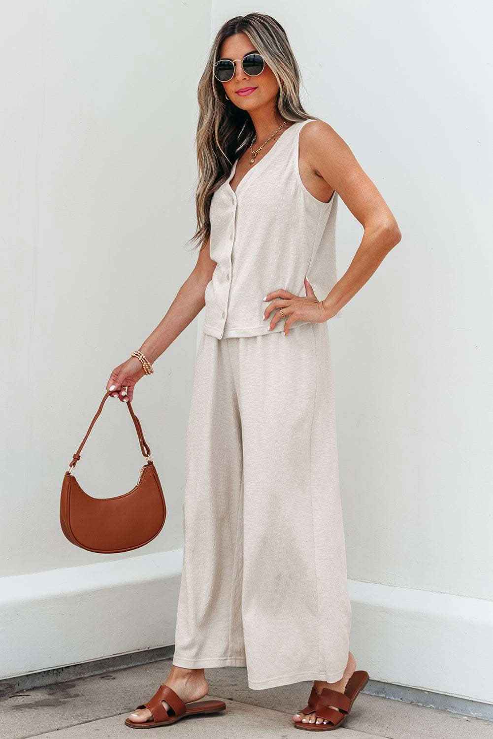 Apricot Buttoned V Neck Tank Top and Wide Leg Pants Casual Outfit