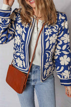 Blue Flower Print Open Front Buttoned Cuffs Elegant Jacket