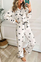 White Bows Print Two Piece Sleepwear