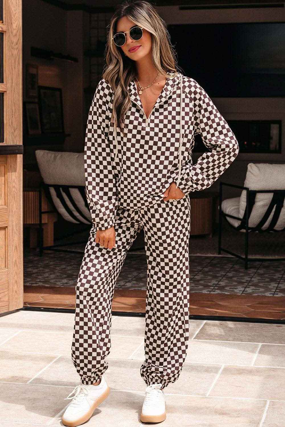 Black Athleisure Checkered 2pcs Pants Set