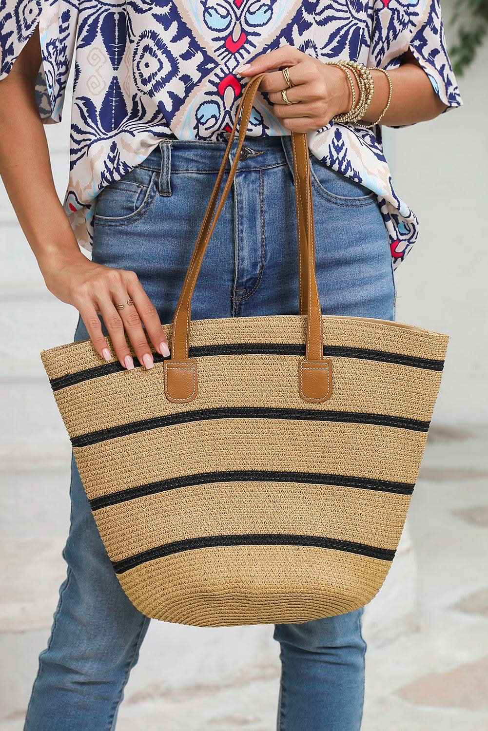 Black Straw Woven Striped Vacation One Shoulder Bag