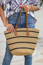 Black Straw Woven Striped Vacation One Shoulder Bag