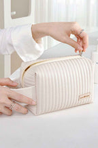 Beige Stitching PU Leather Round Zipped Side Handle Makeup Bag