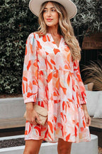 Orange Abstract Print Split Neck Long Sleeve Dress