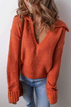 Chestnut Collared V Neck Ribbed Edge Sexy Elegant Sweater