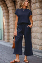 Parchment Solid Color Textured Short Sleeve Top and Casual Pants Set