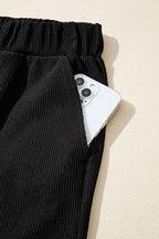 Black Ribbed Texture Baggy Drop Shoulder Pullover and Shorts Set