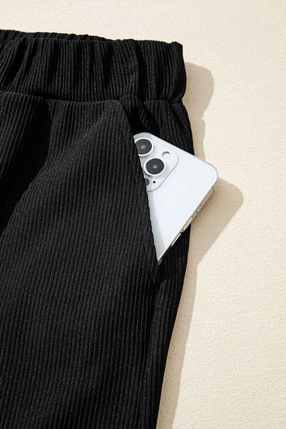 Black Ribbed Texture Baggy Drop Shoulder Pullover and Shorts Set