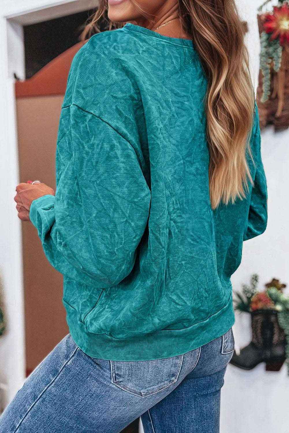 Sea Green saved by grace Letter Embroidery Mineral Wash Loose Sweatshirt