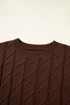 Dark Brown Cable Texture Crew Neck Short Sleeve Sweater Top