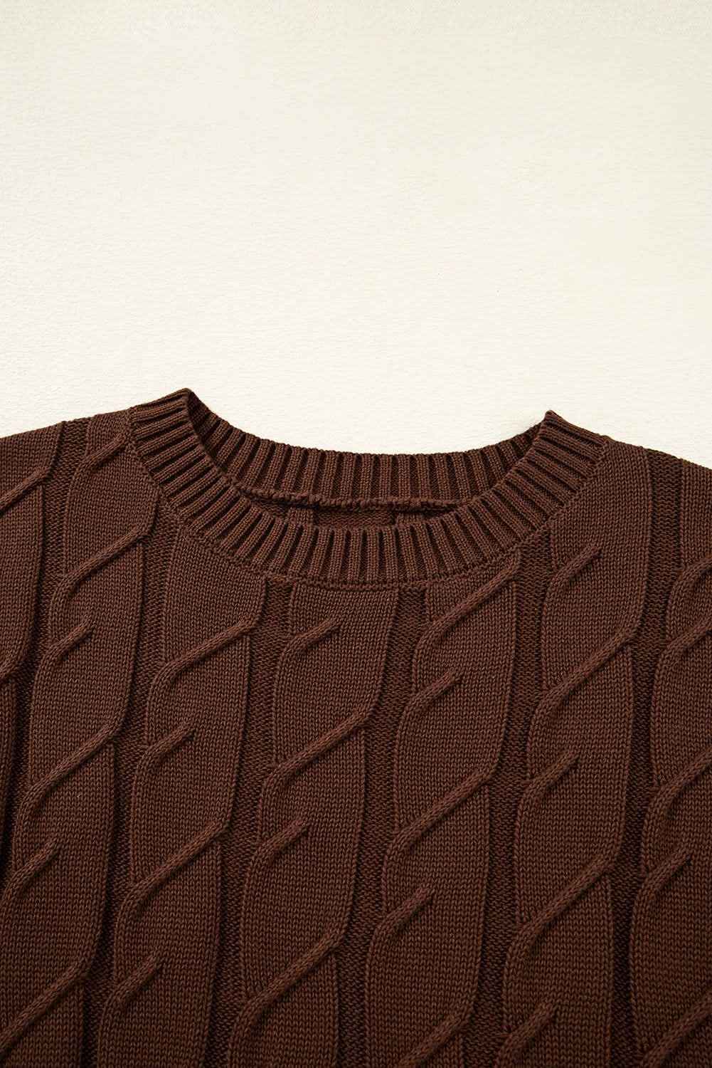 Dark Brown Cable Texture Crew Neck Short Sleeve Sweater Top