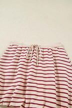 Red Stripe Cropped Collared Drop Shoulder Pullover and Bubble Mini Skirt Set