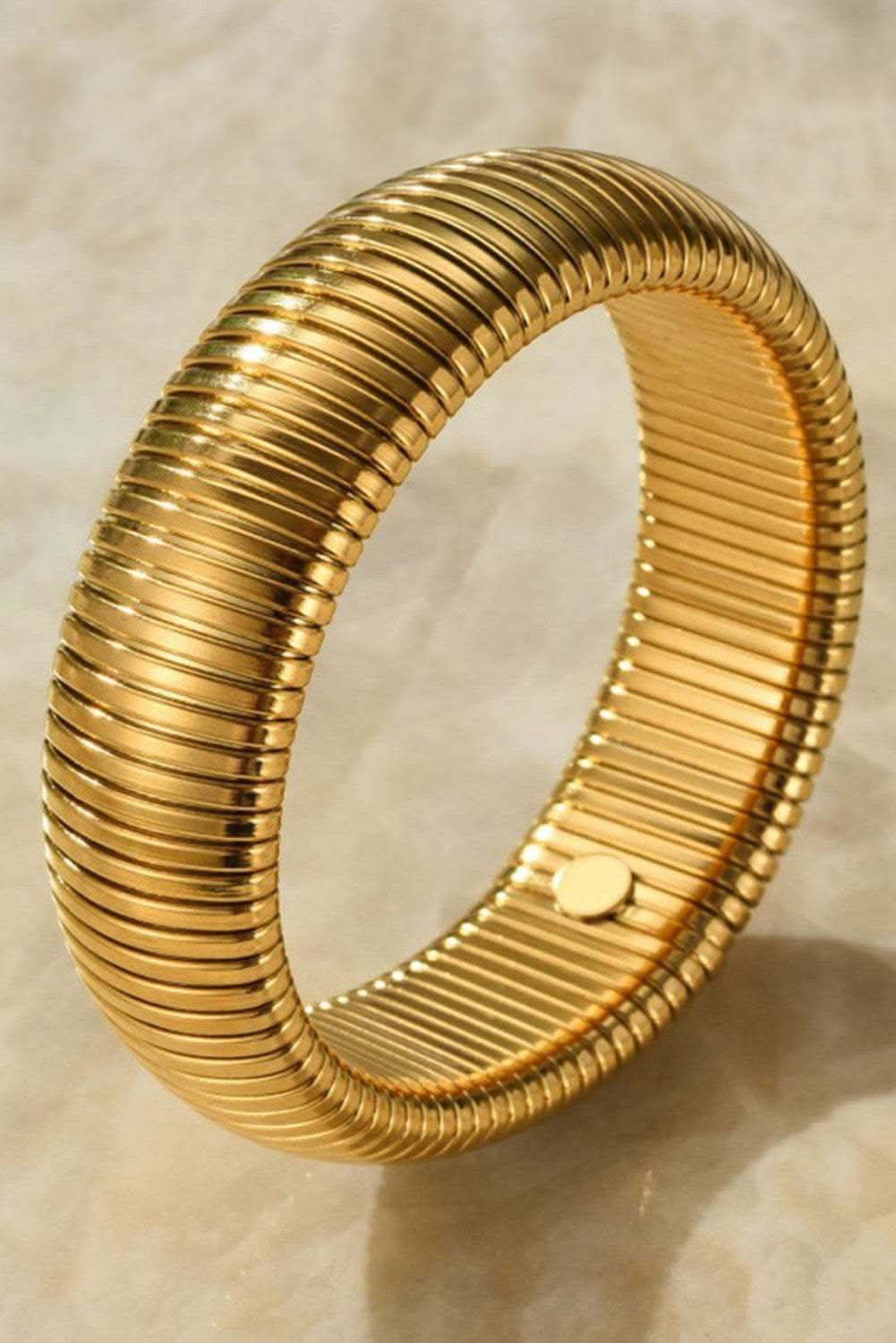 Gold textured striped plated titanium steel chunky bangle bracelet