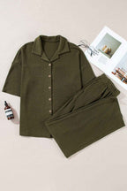 Four Leaf Clover Solid Color Textured Buttoned Shirt and Casual Pants Set