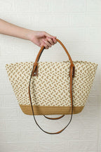 Beige contrast woven leather handle single shoulder bag with woven texture and leather straps